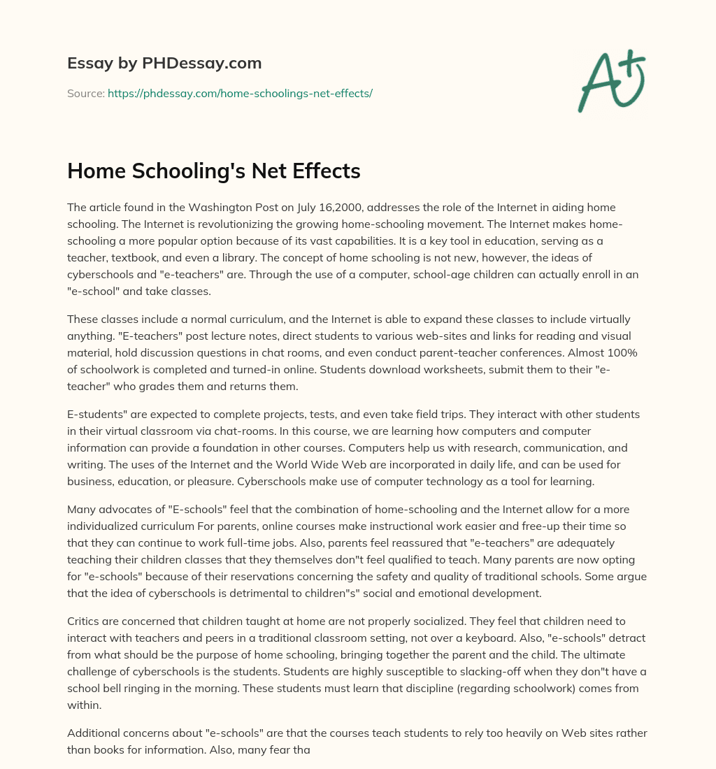 Home Schooling’s Net Effects essay
