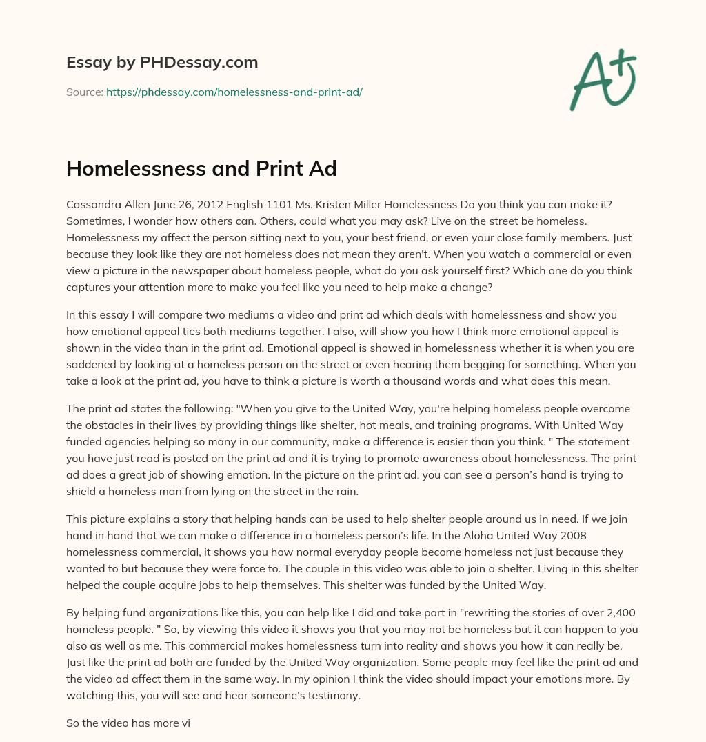 Homelessness and Print Ad essay