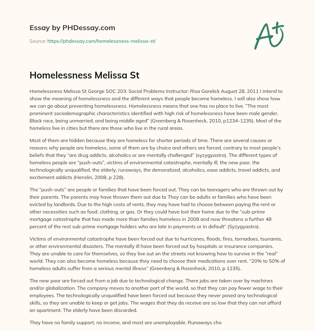 Homelessness Melissa St essay