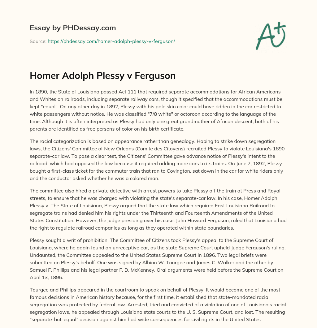 essay about plessy vs ferguson