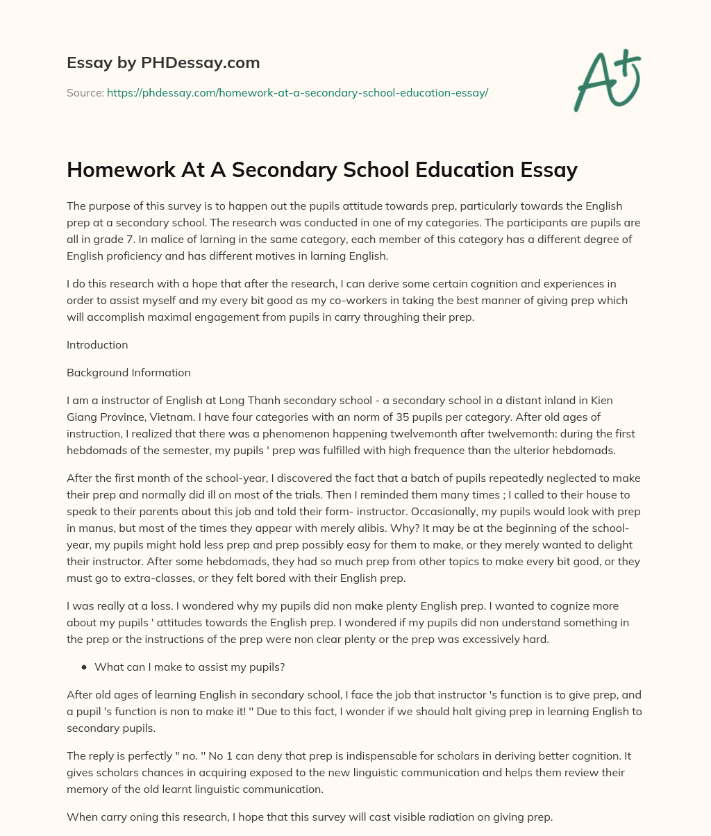 Homework At A Secondary School Education Essay essay