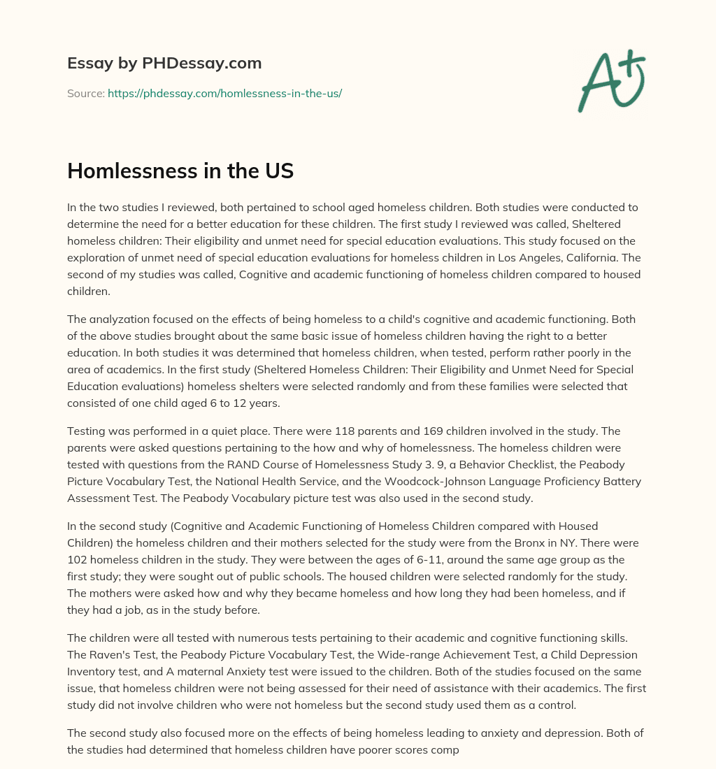 Homlessness in the US essay