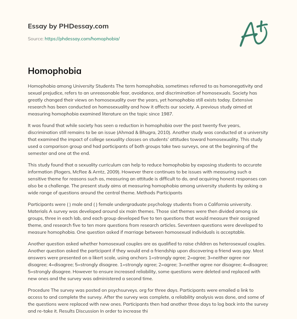 Homophobia among University Students: Measuring Attitudes and Impact of Education essay