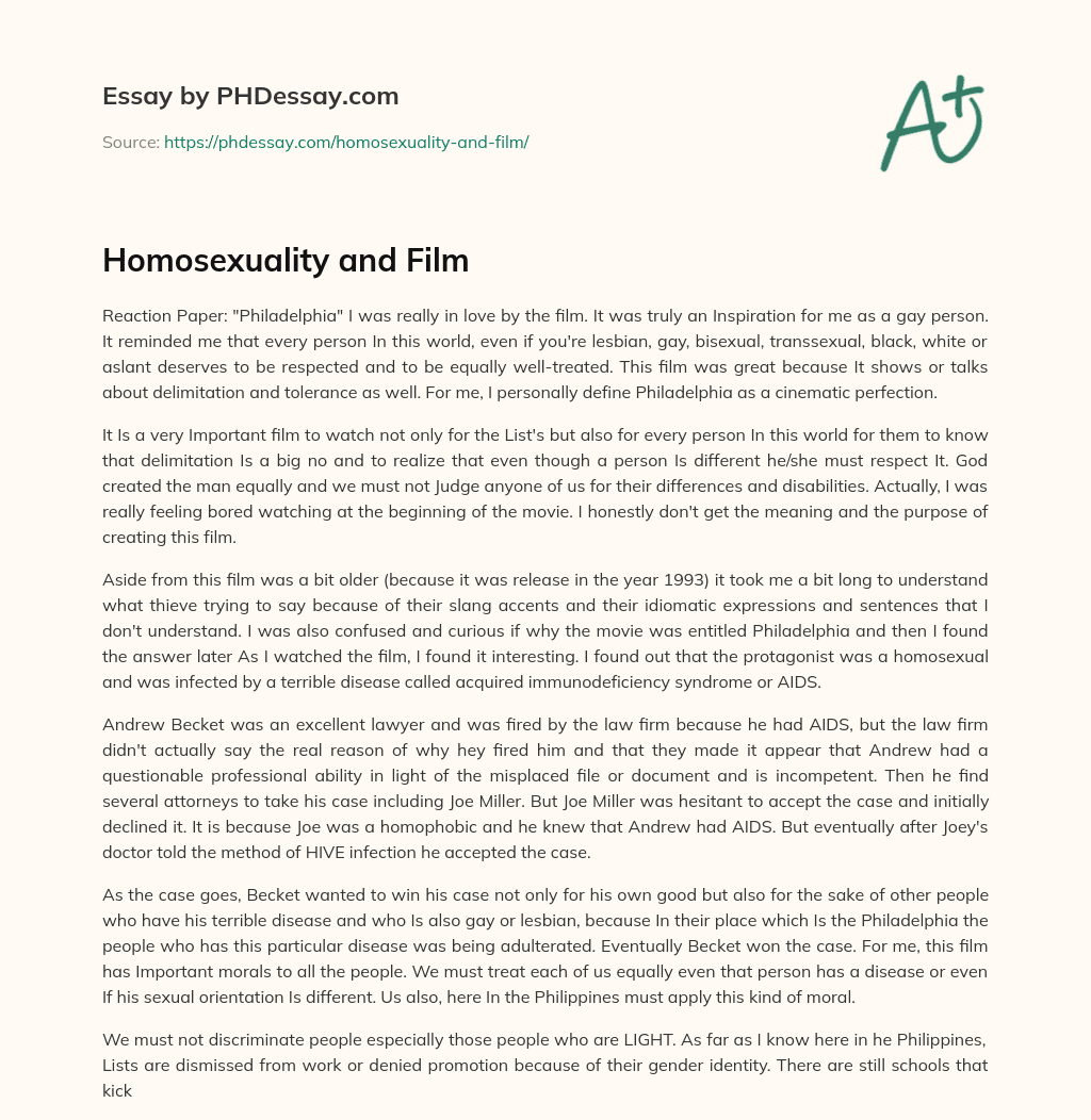 Homosexuality and Film essay