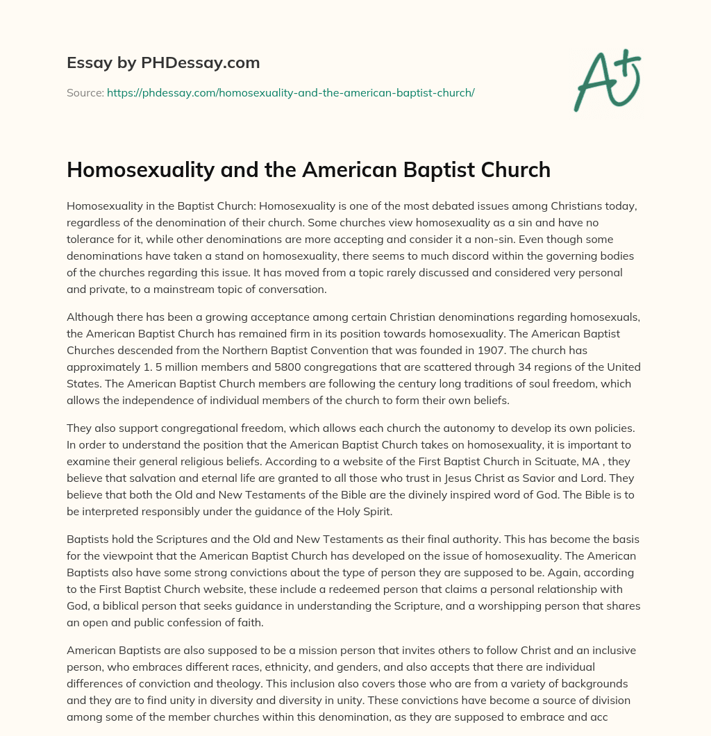 Homosexuality and the American Baptist Church essay