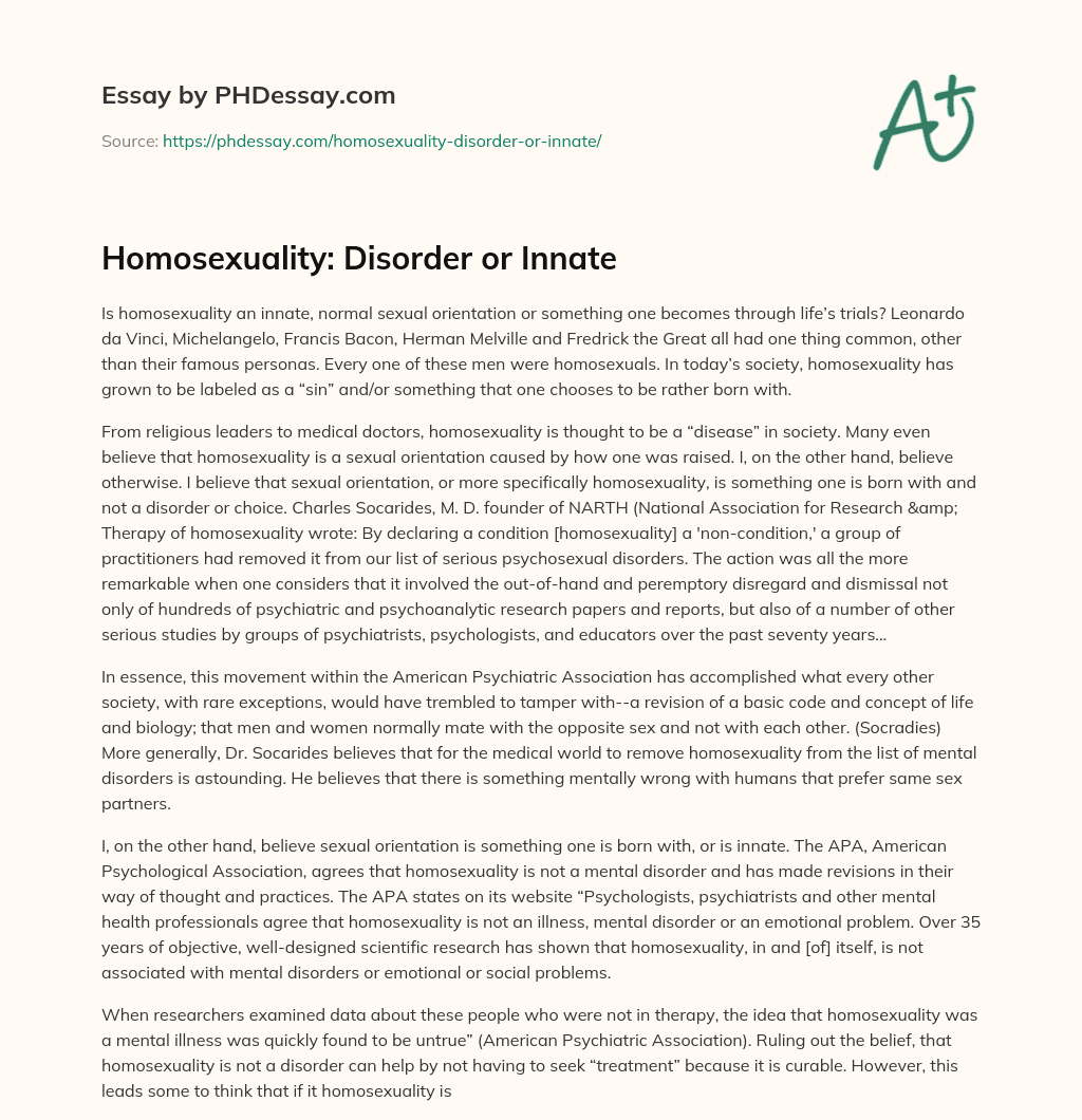 Homosexuality: Disorder or Innate essay