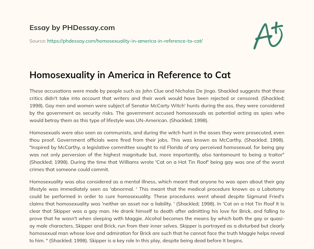 Homosexuality in America in Reference to Cat essay