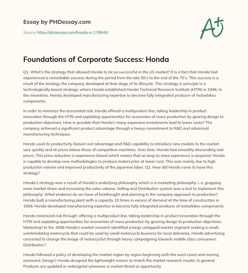 Foundations of Corporate Success: Honda essay