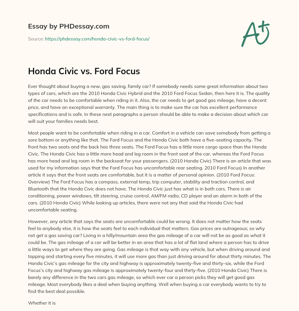 Honda Civic vs. Ford Focus essay