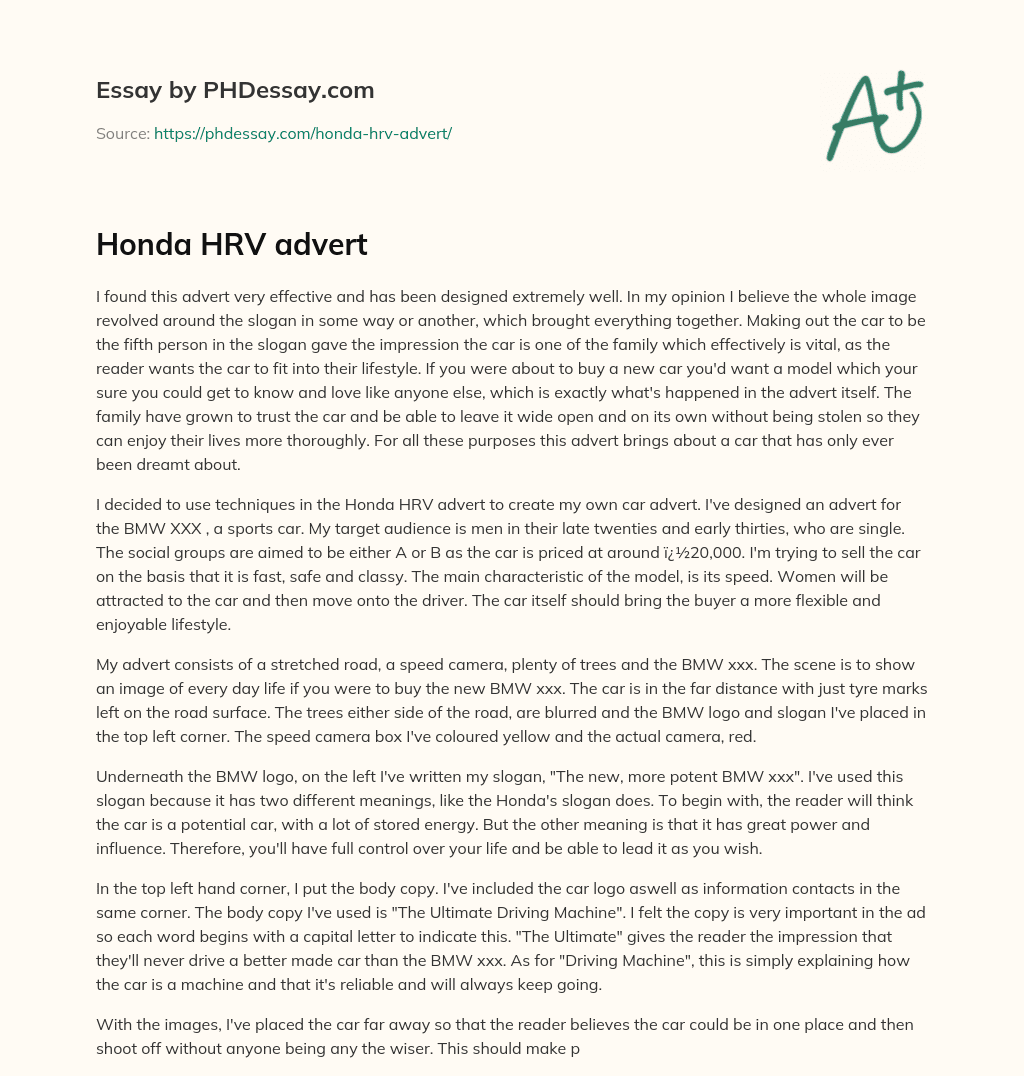 Honda HRV advert essay