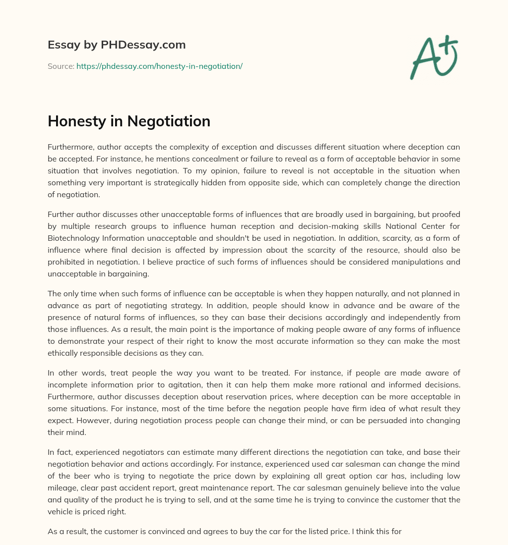 Honesty in Negotiation essay