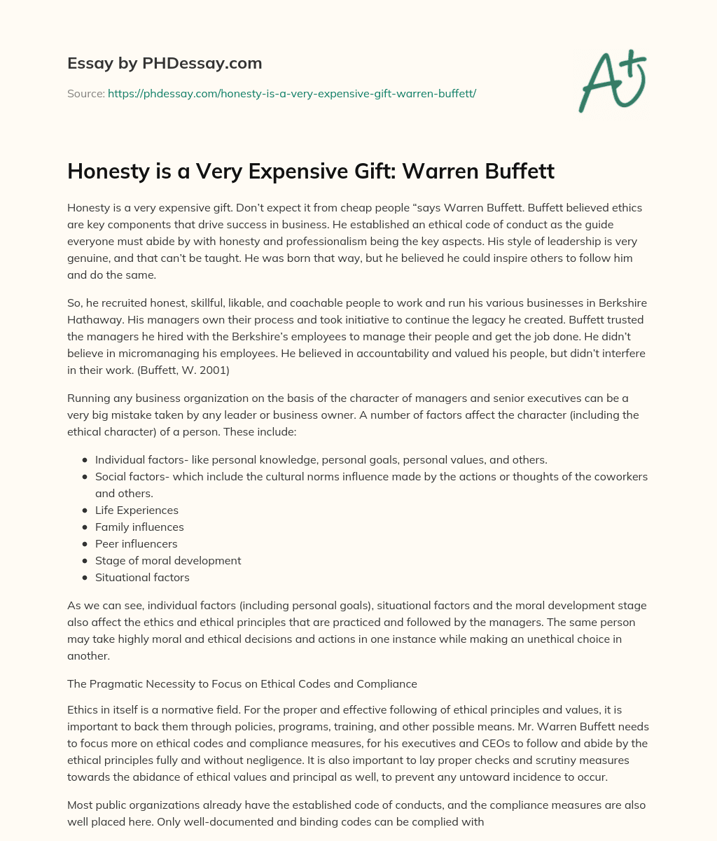 Honesty is a Very Expensive Gift: Warren Buffett essay