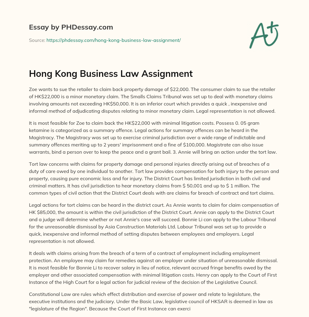 Hong Kong Business Law Assignment essay