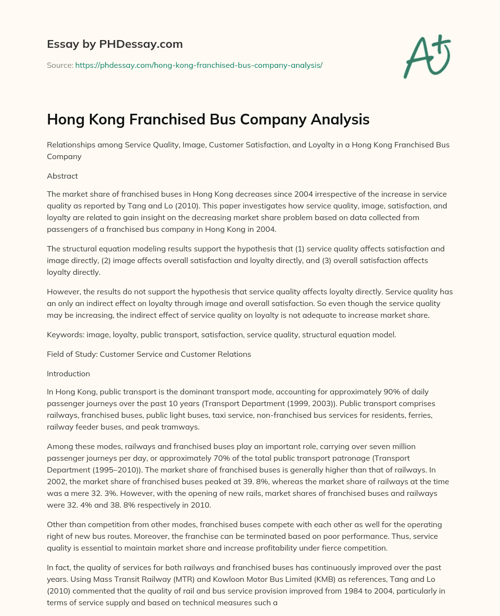 Hong Kong Franchised Bus Company Analysis essay