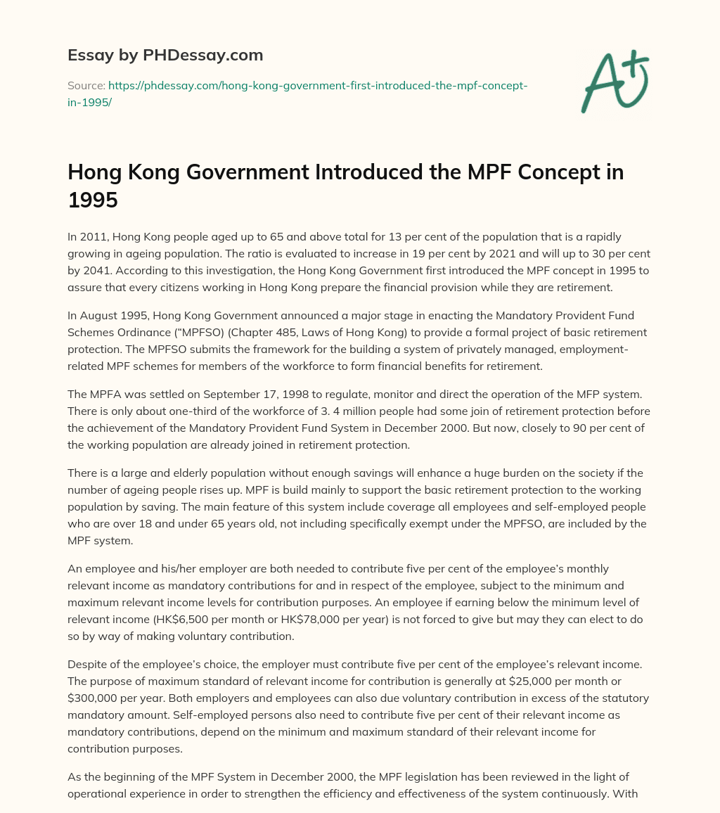 Hong Kong Government Introduced the MPF Concept in 1995 essay