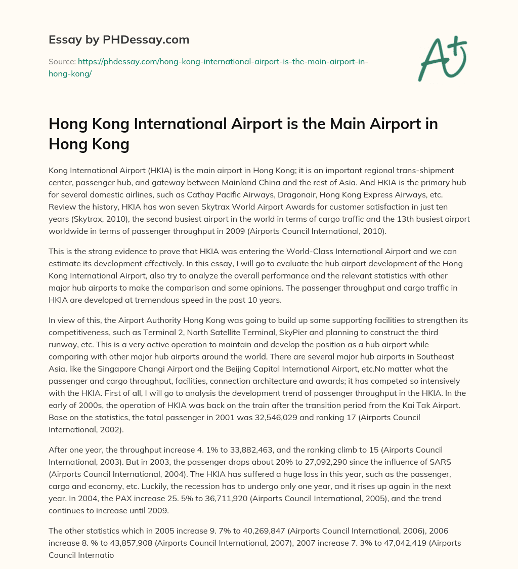 Hong Kong International Airport is the Main Airport in Hong Kong essay