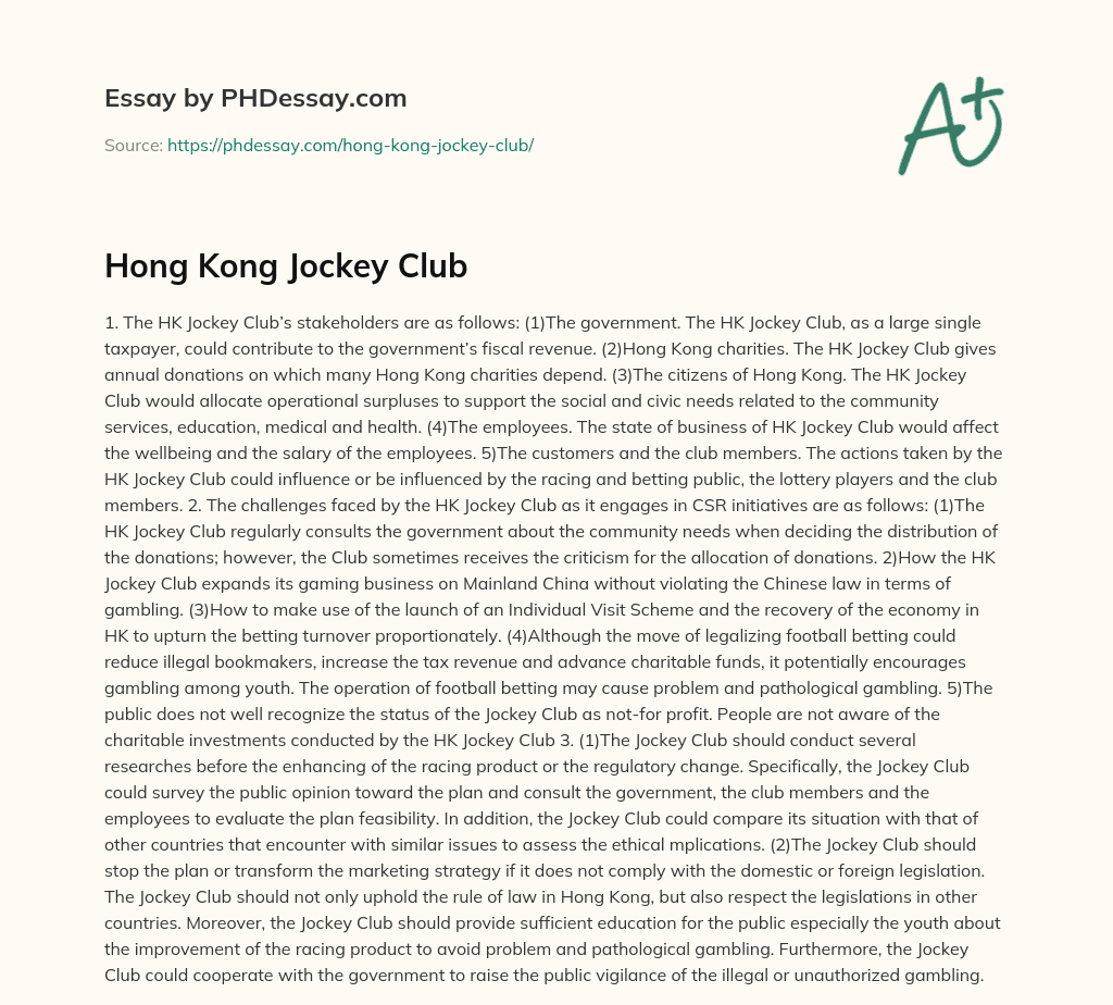 Hong Kong Jockey Club essay