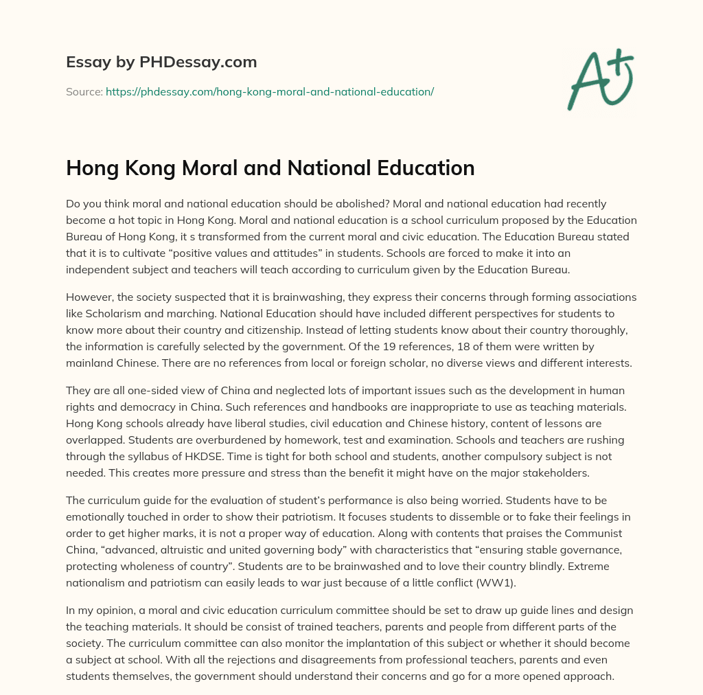 Hong Kong Moral and National Education essay