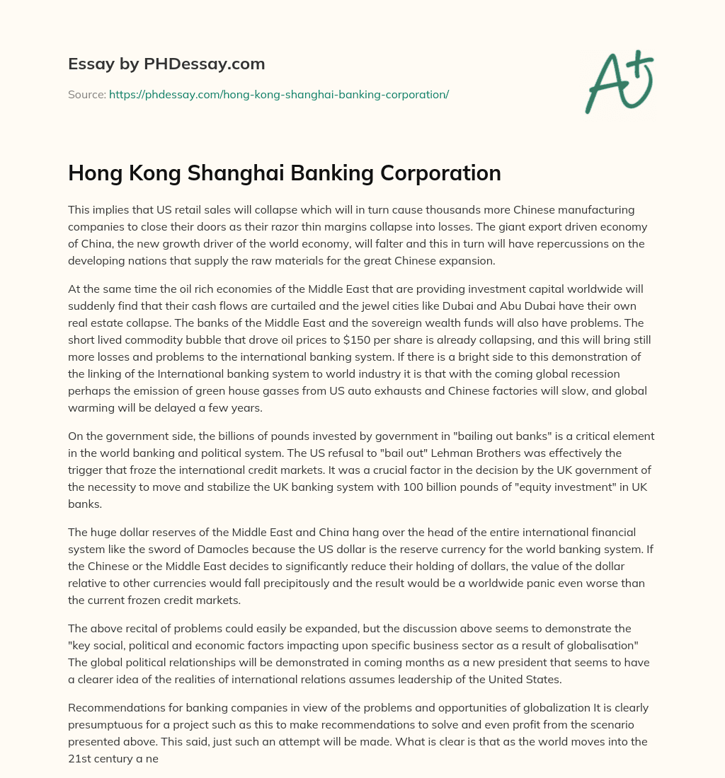 Hong Kong Shanghai Banking Corporation essay