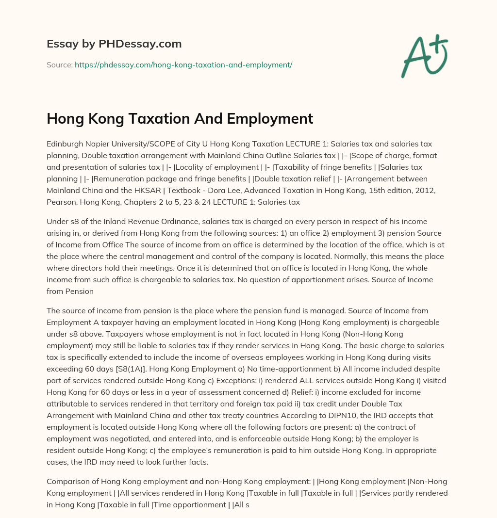 Hong Kong Taxation And Employment essay