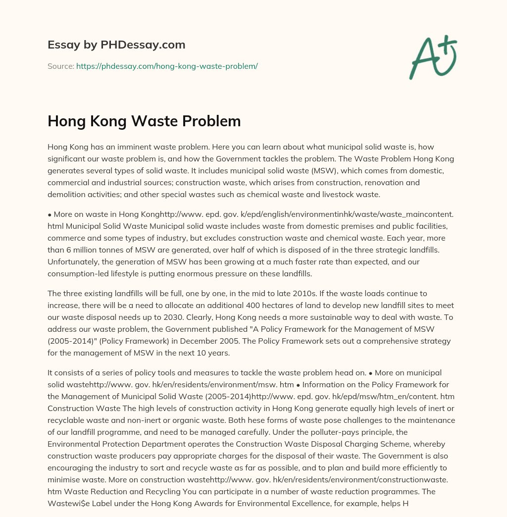 Hong Kong Waste Problem essay