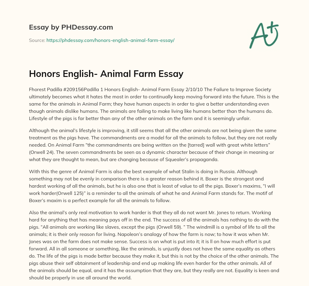 Honors English- Animal Farm Essay essay