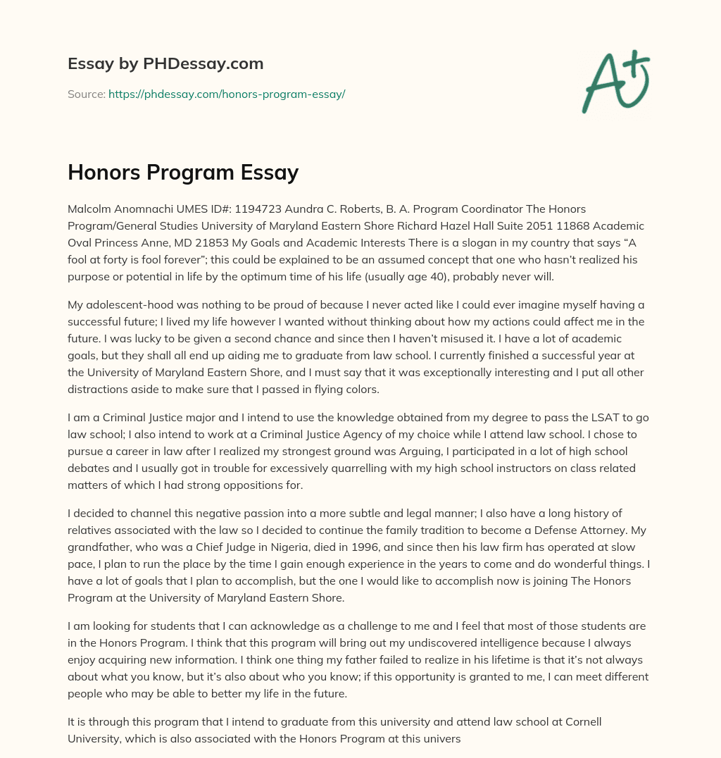 Honors Program Essay essay
