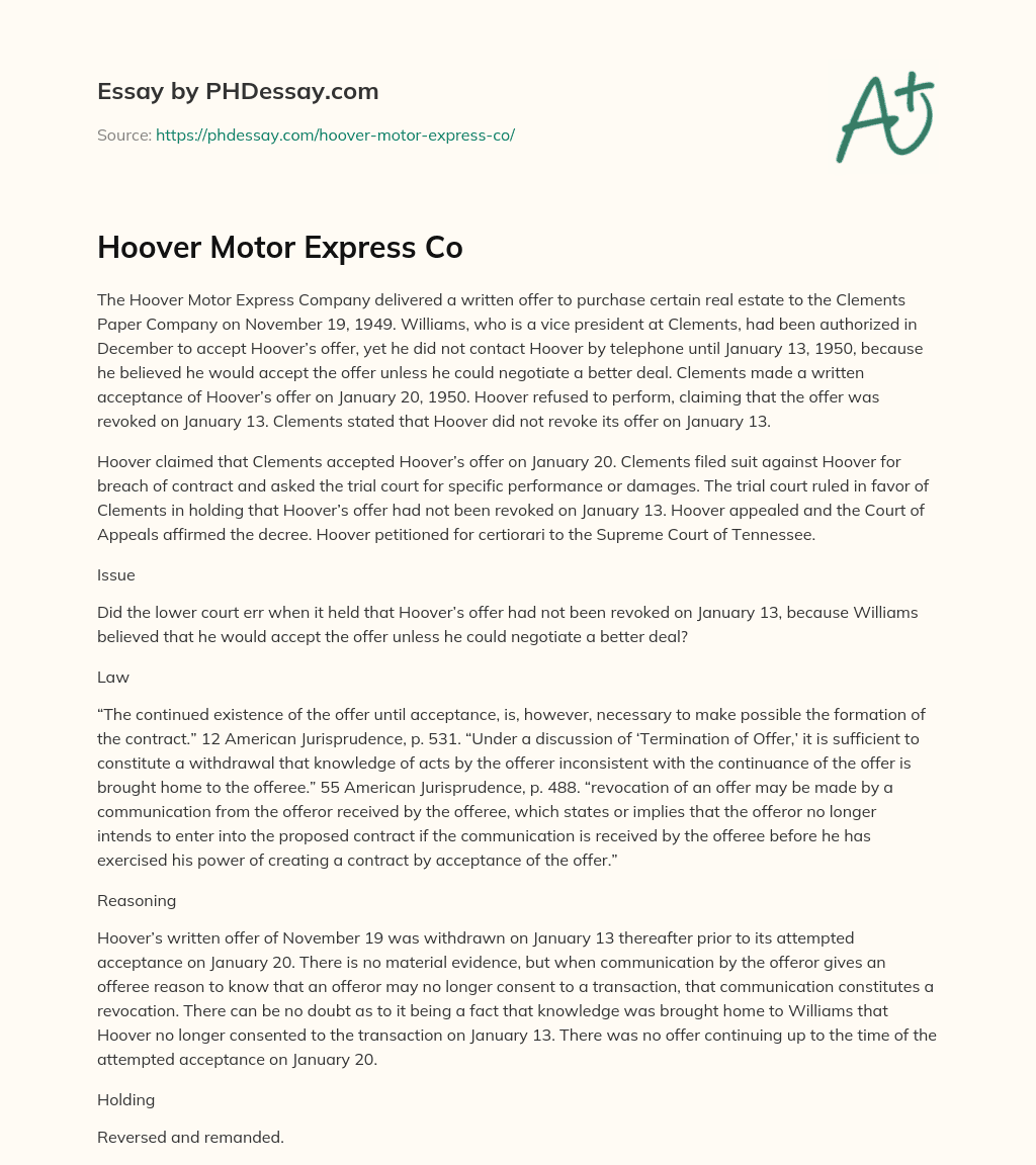 Hoover Motor Express Co essay