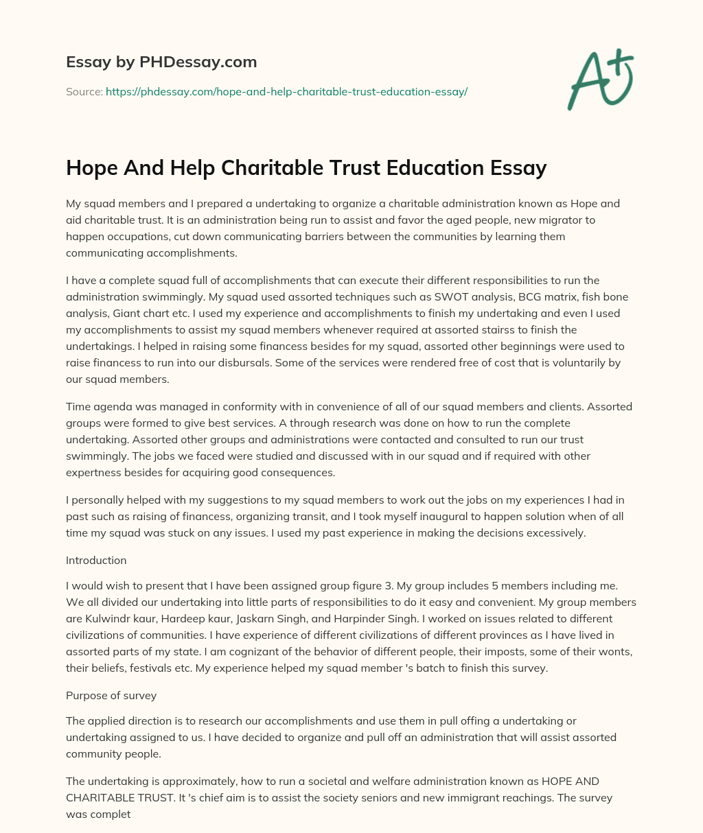 Hope And Help Charitable Trust Education Essay essay