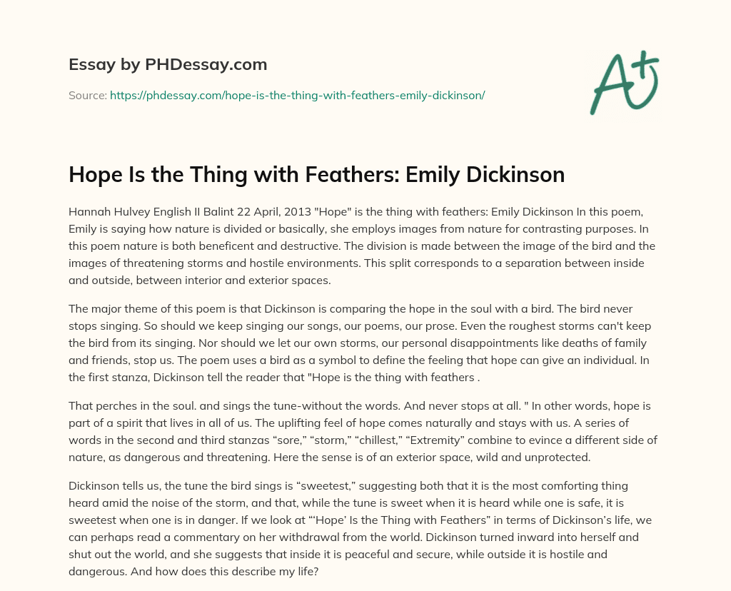 Hope Is the Thing with Feathers: Emily Dickinson essay
