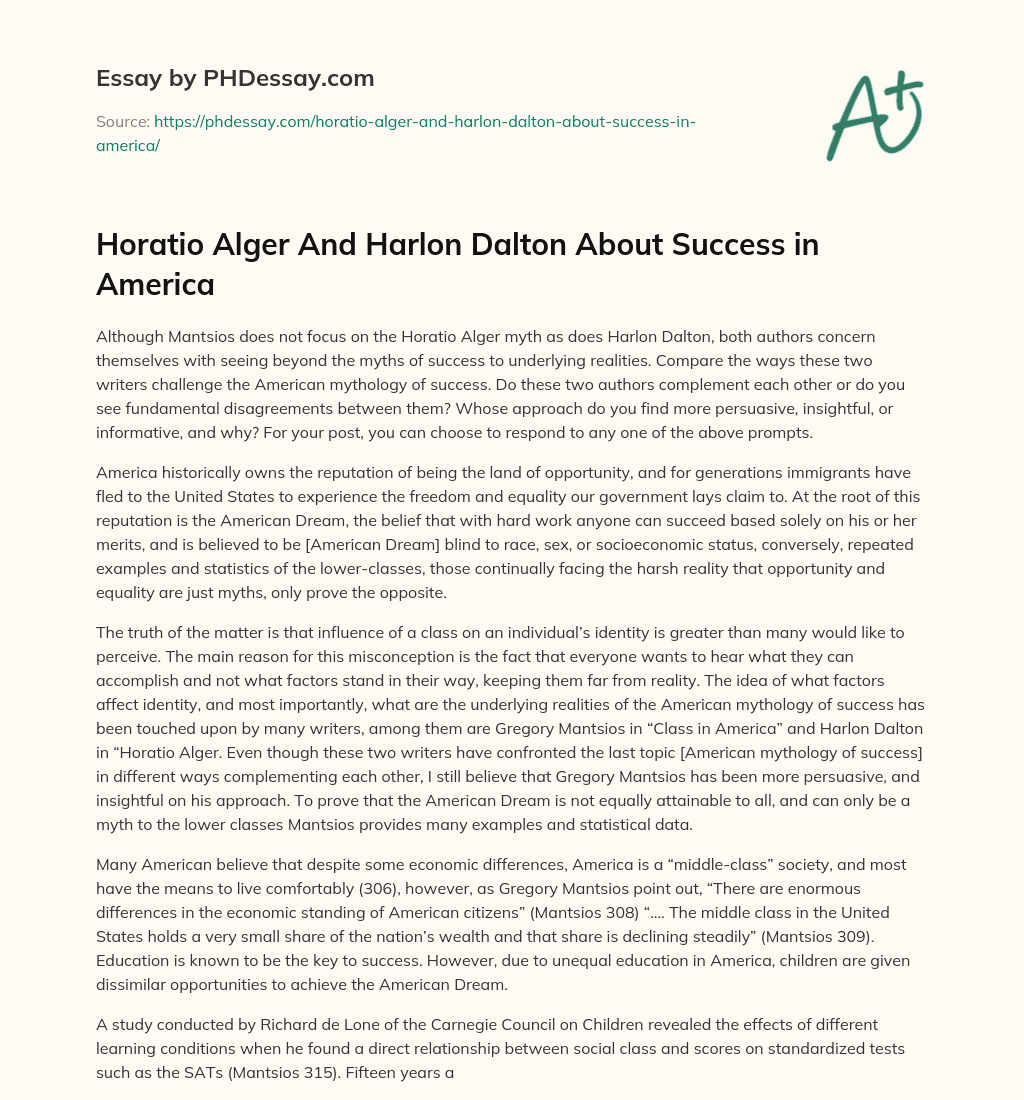 Horatio Alger And Harlon Dalton About Success in America essay
