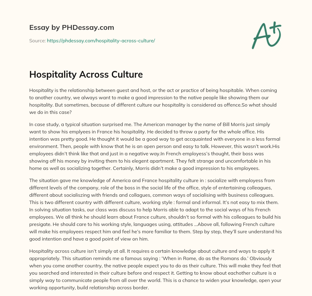 Hospitality Across Culture essay