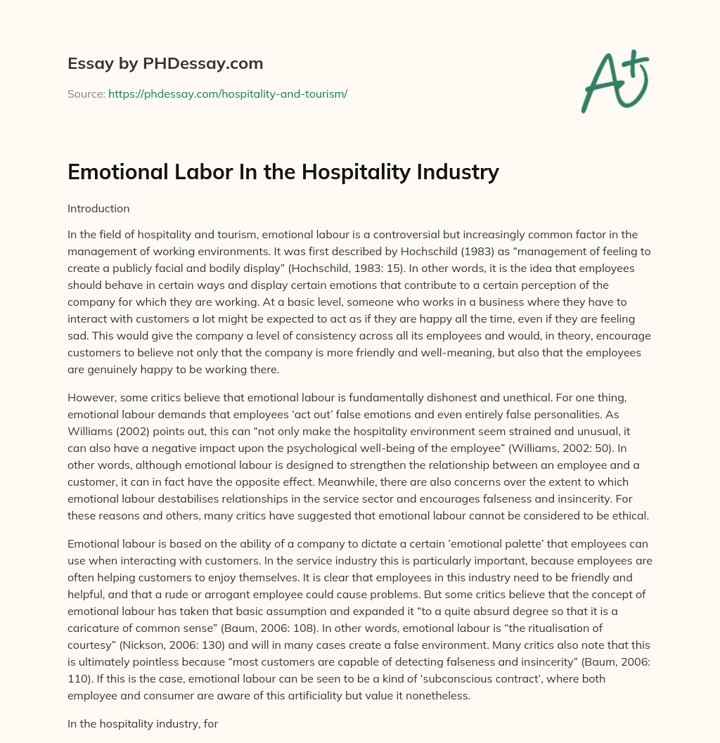 Emotional Labor In the Hospitality Industry essay
