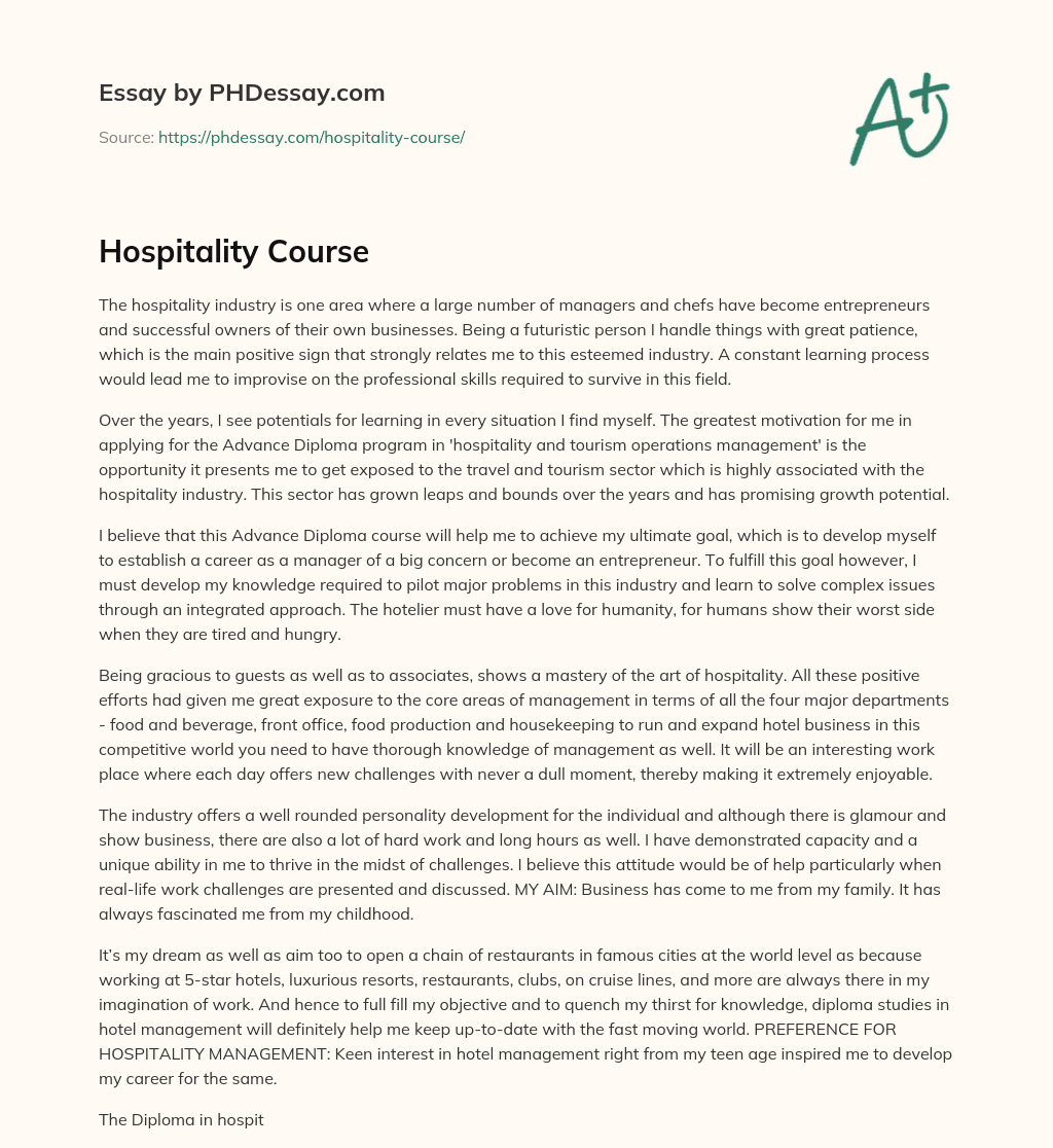 Hospitality Course essay