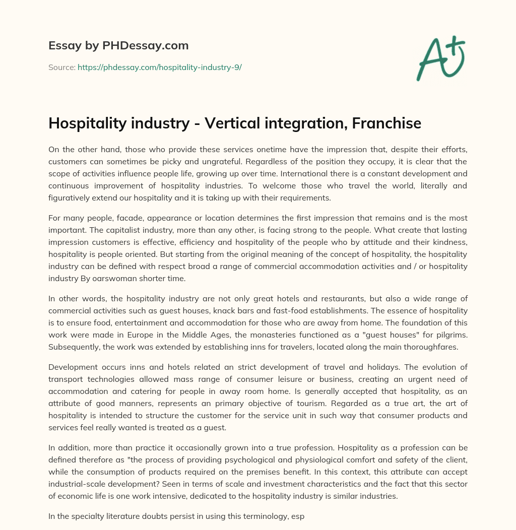 Hospitality industry – Vertical integration, Franchise essay