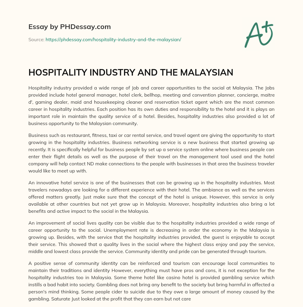 HOSPITALITY INDUSTRY AND THE MALAYSIAN essay