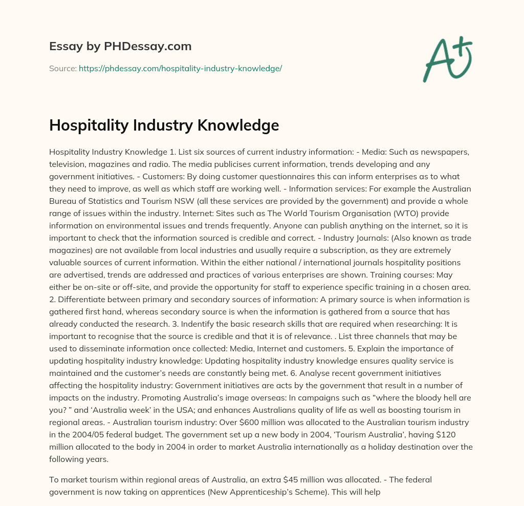 hospitality industry in essay