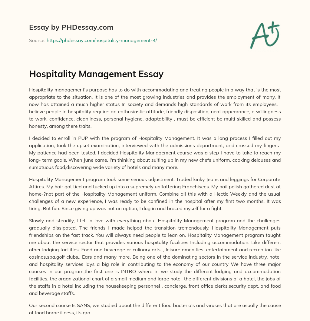 Hospitality Management Essay essay