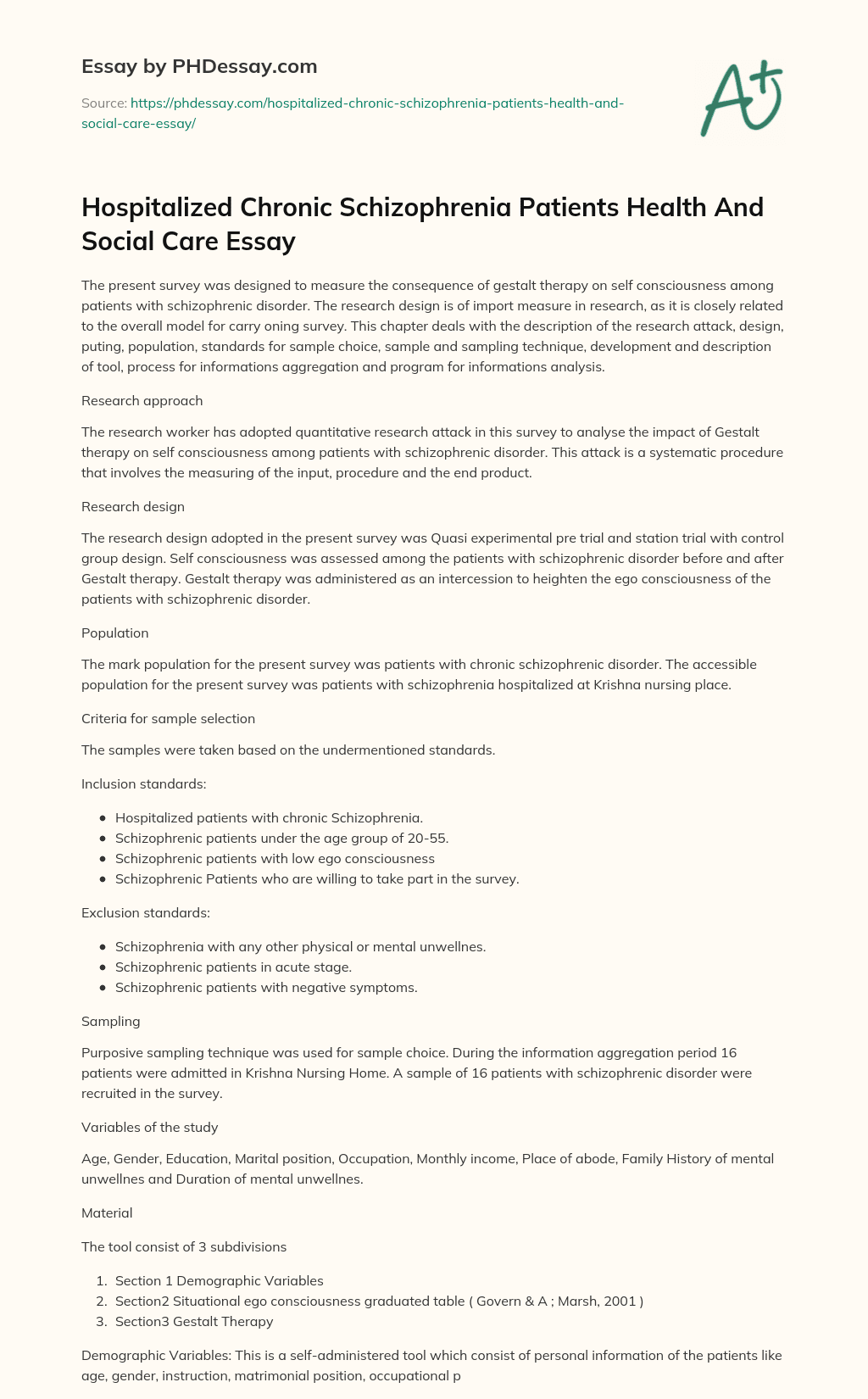 Hospitalized Chronic Schizophrenia Patients Health And Social Care Essay essay