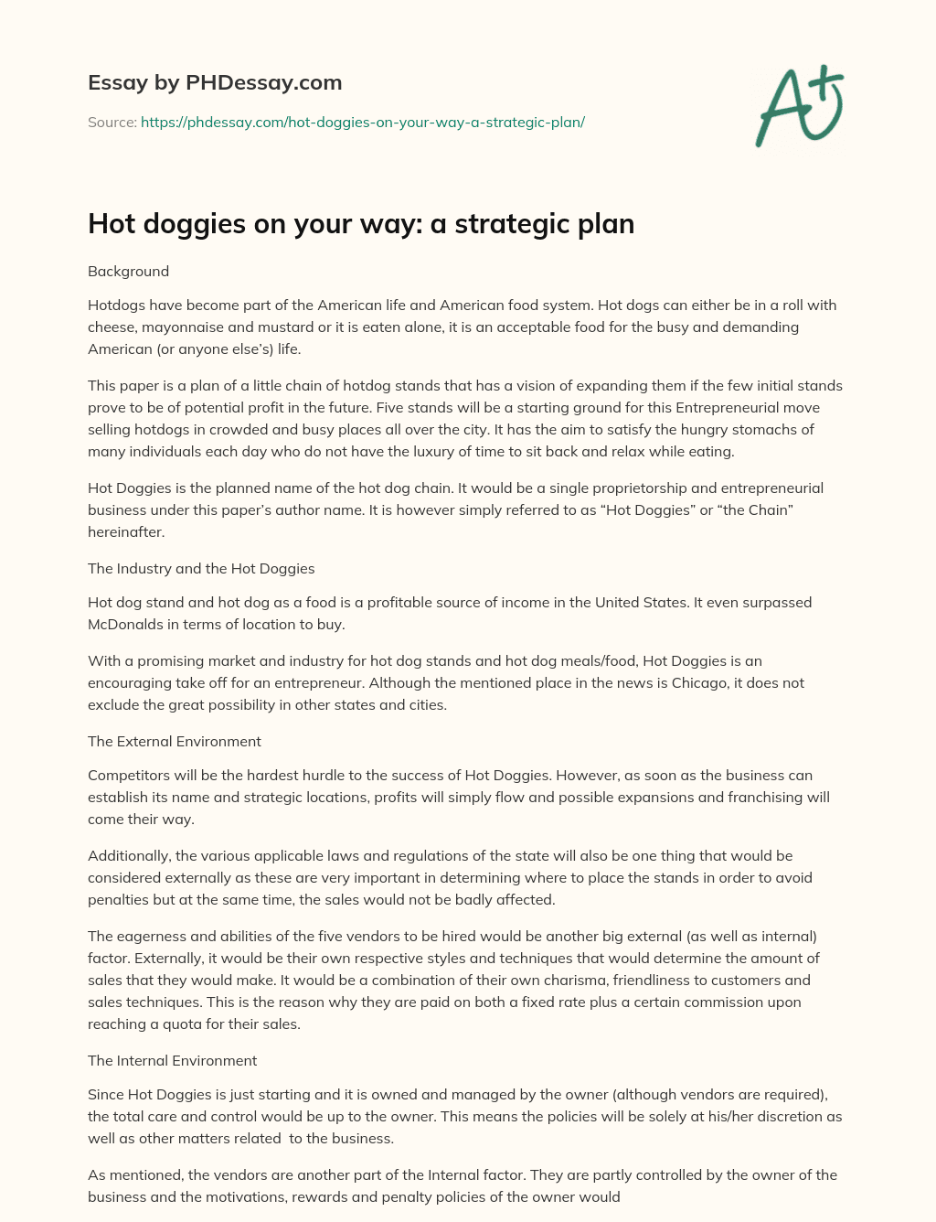 Hot doggies on your way: a strategic plan essay