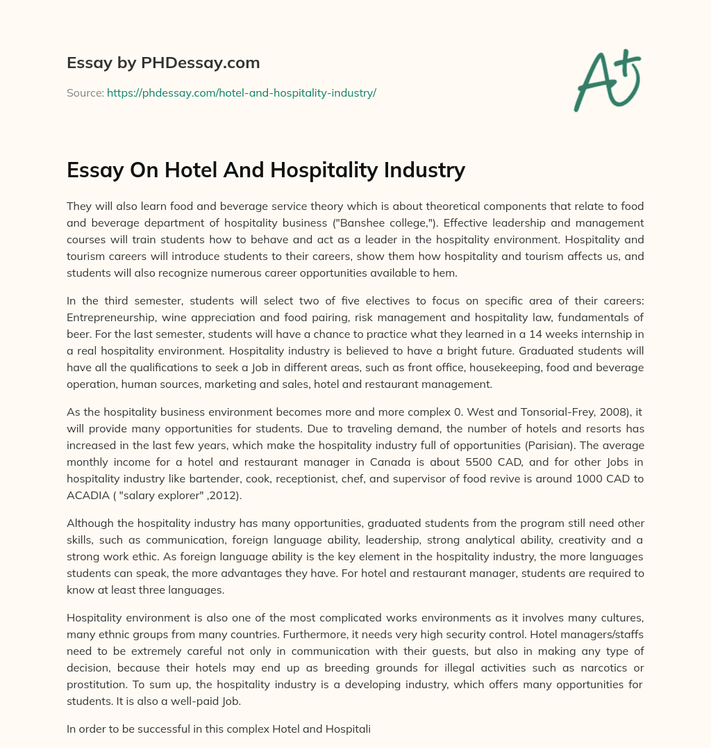 hospitality industry essay summary