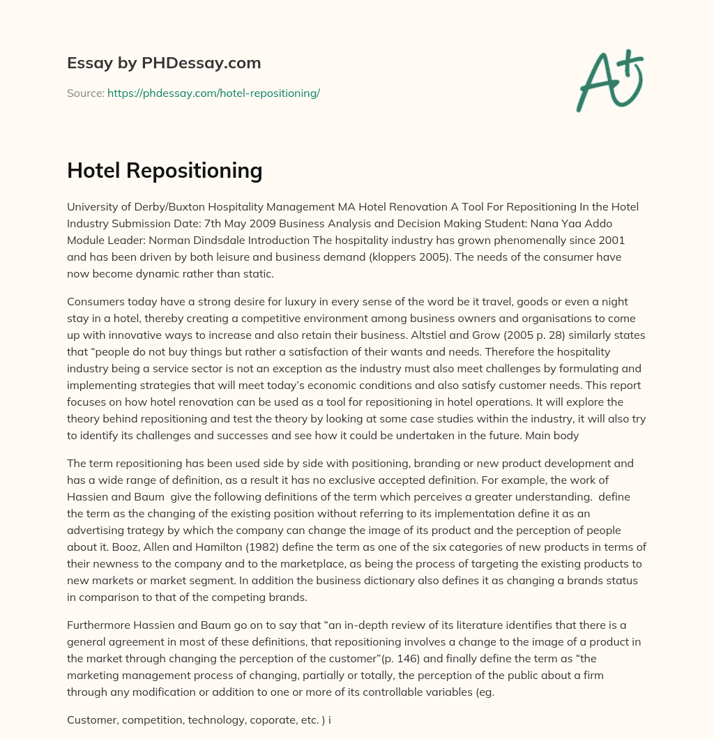 Hotel Repositioning essay