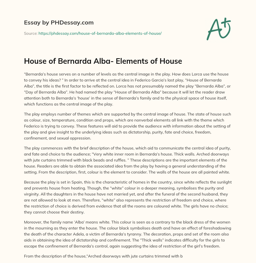 House of Bernarda Alba- Elements of House essay