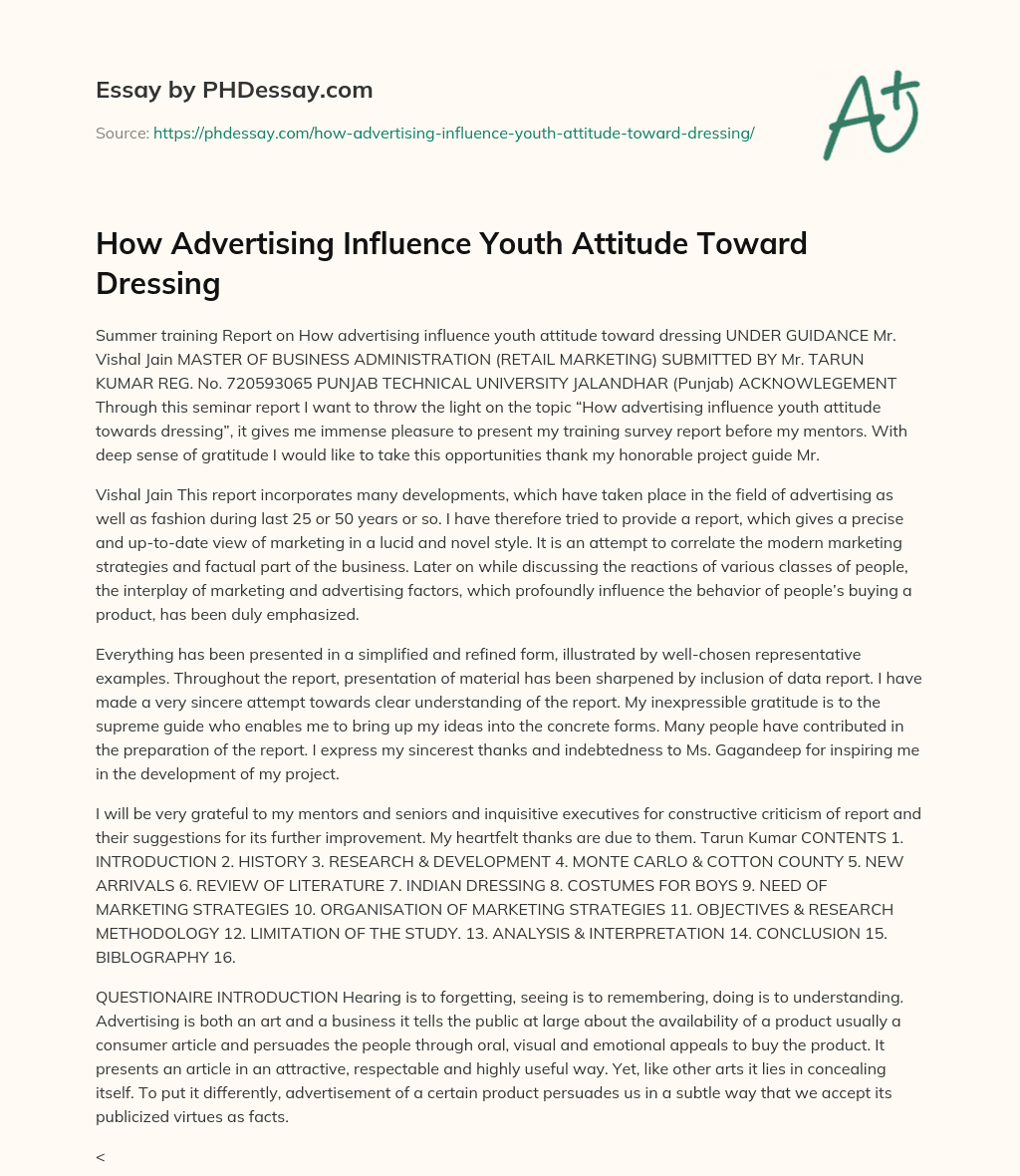 How Advertising Influence Youth Attitude Toward Dressing essay