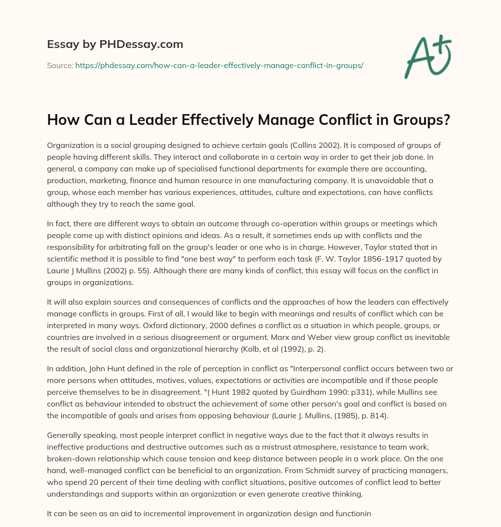 How Can a Leader Effectively Manage Conflict in Groups? essay