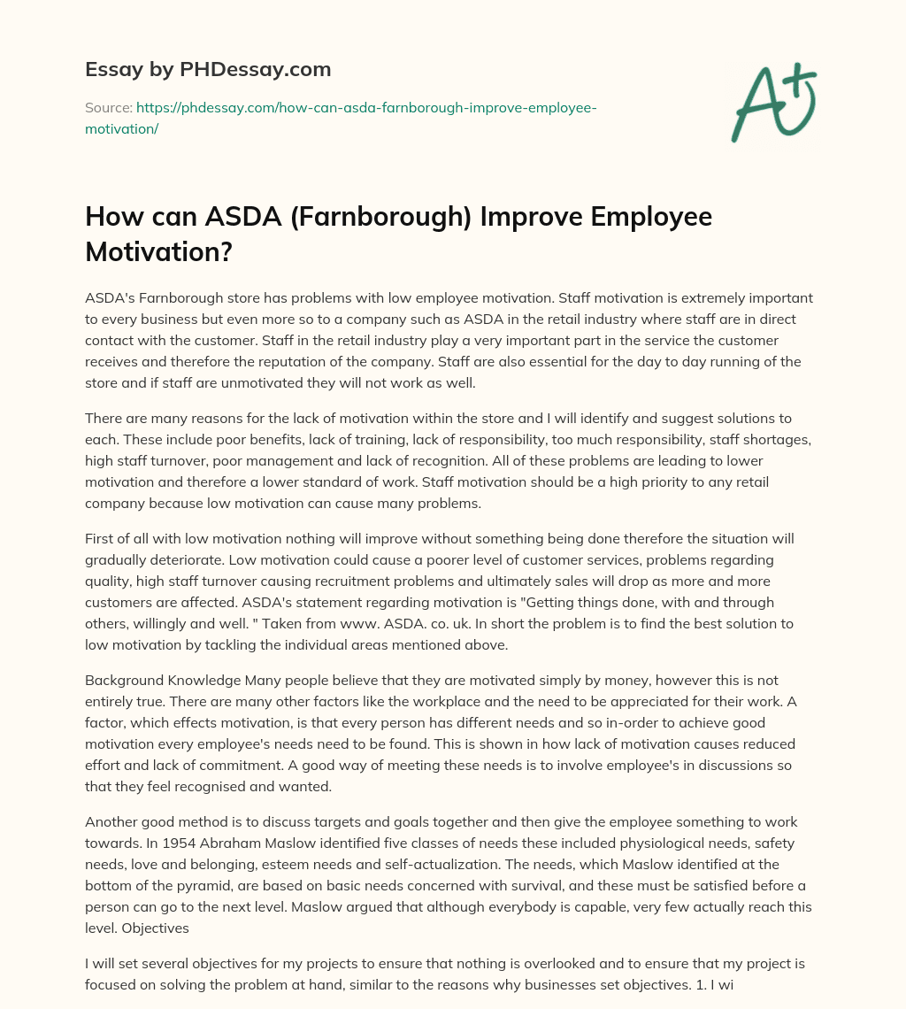 How can ASDA (Farnborough) Improve Employee Motivation? essay