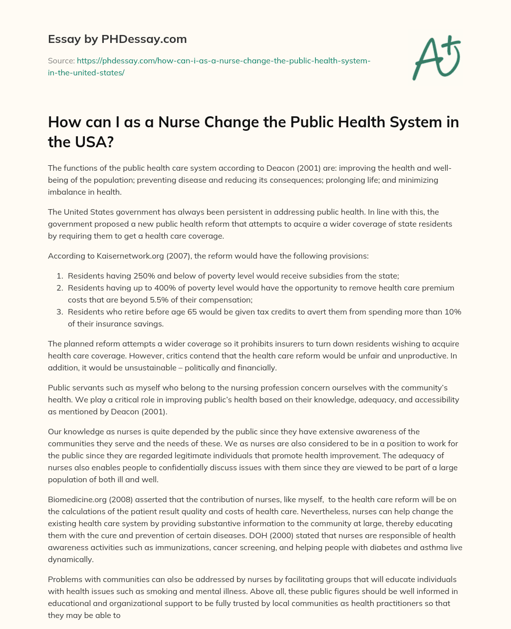 How can I as a Nurse Change the Public Health System in the USA? essay