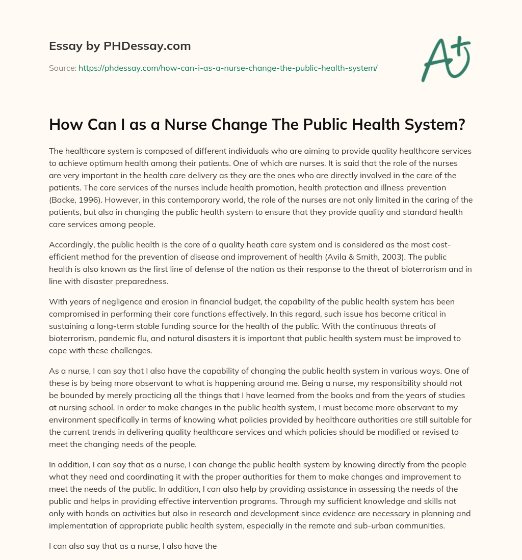 How Can I as a Nurse Change The Public Health System? essay