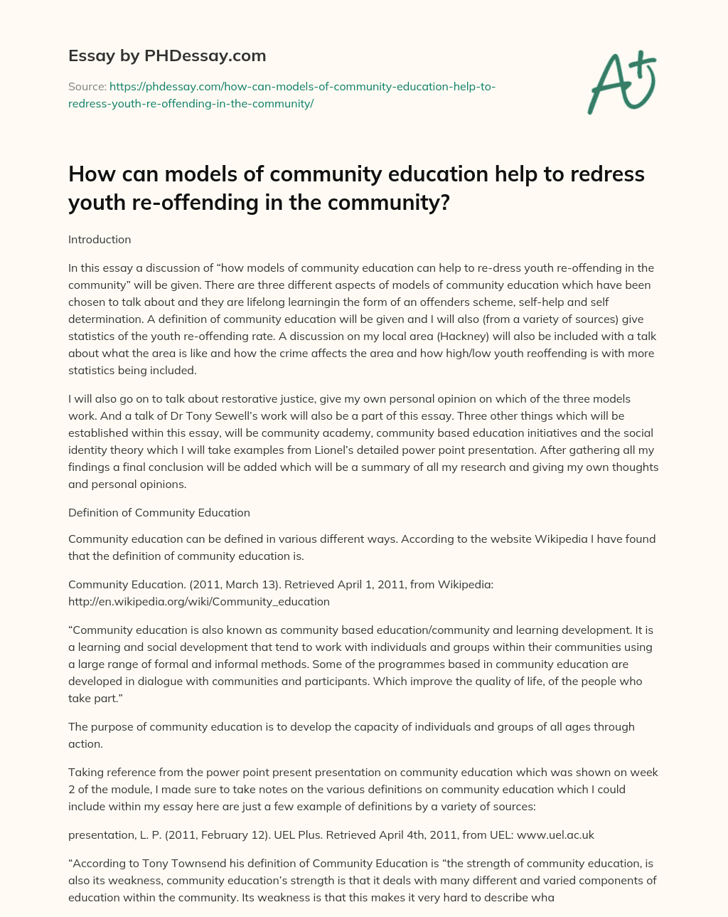 How can models of community education help to redress youth re-offending in the community? essay