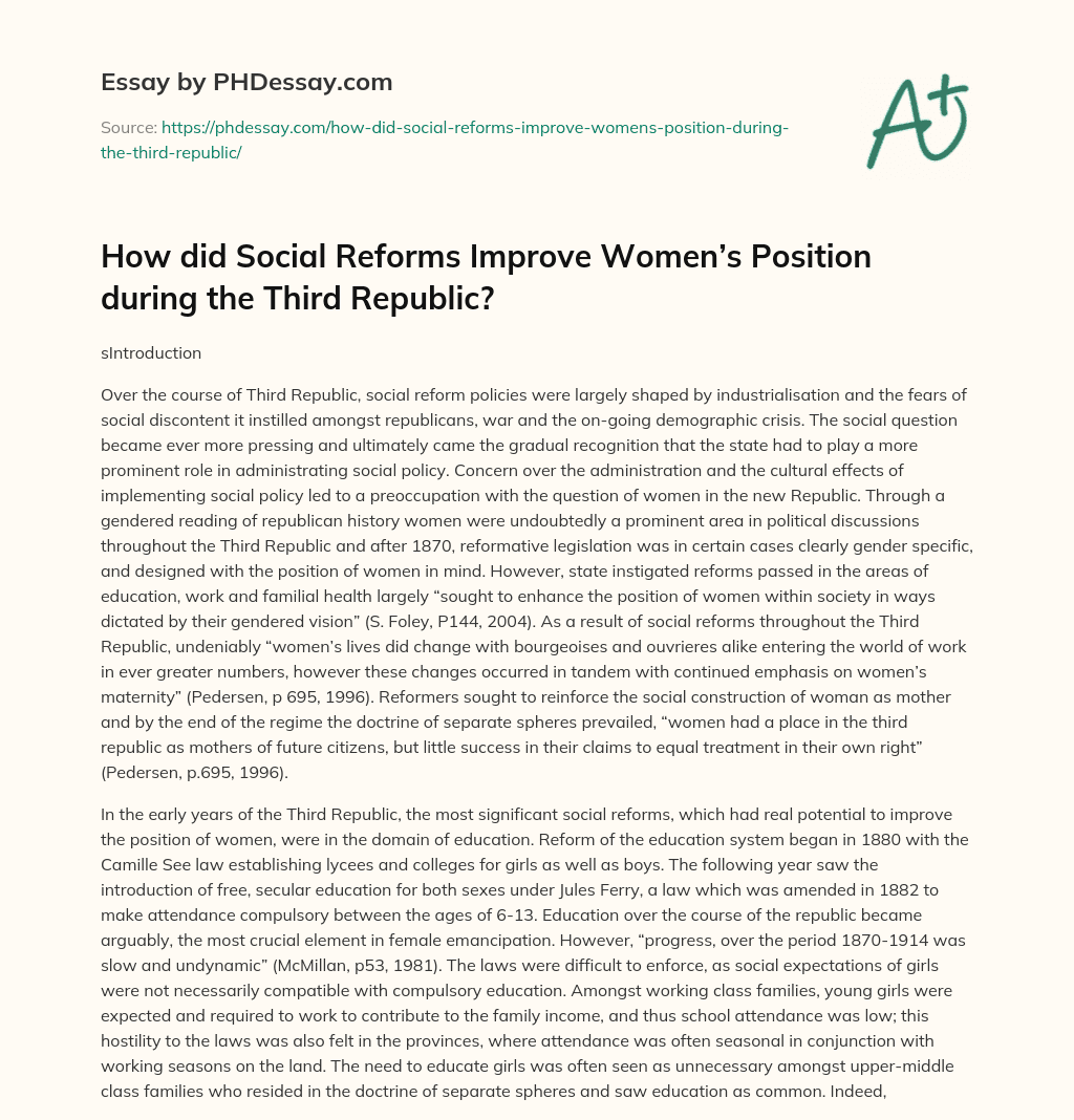 How did Social Reforms Improve Women’s Position during the Third Republic? essay